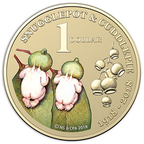 Reverse of the 2018 One Dollar Coloured Frosted Uncirculated Treasured Australian Stories Snugglepot and Cuddepie Coin