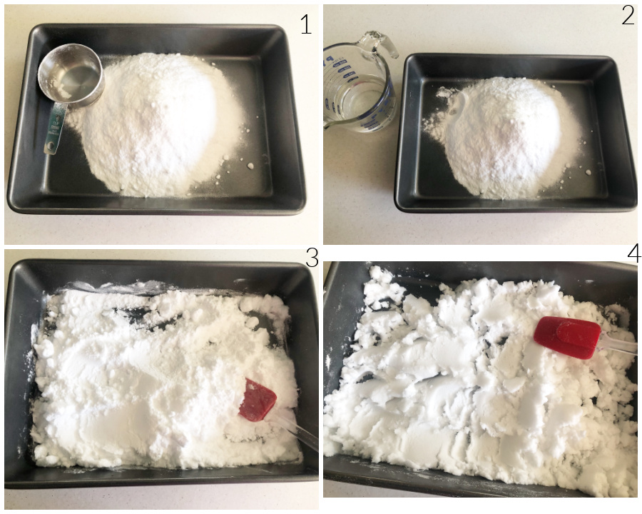 4 easy steps to make snow - mixing bi-carb with water